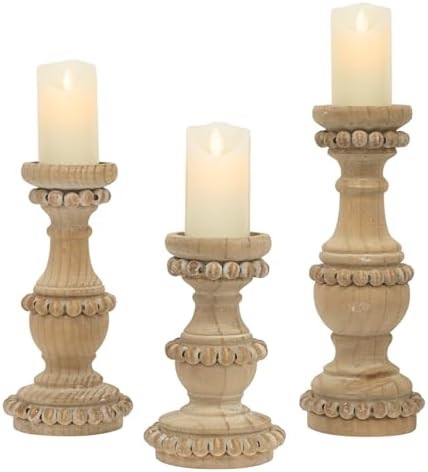 Farmhouse Wooden Candle Holders for Pillar Candles, Set of 3 Vintage Wooden Beaded Candle Holder, Tall Candle Stand Decorative for Living Room, Table Centerpiece (Natural) by JUMBO+DECOR