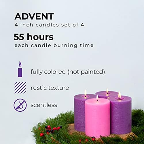 CANDWAX 3x4 Inch Advent Pillar Candles Set of 4 - Long Burning Dripless Unscented Pillar Candles - Rustic Style for Advent Wreaths, Christmas Décor - 3 Purple and 1 Pink Pillars - Image 2