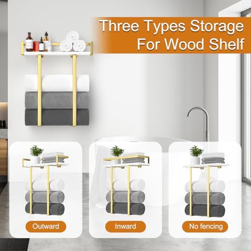 Towel Racks for Bathroom Wall Mounted, Metal Towel Holder with Wooden Shelf for Folding Large Towels, Towel Storage for Small Bathroom Organizer Decor or RV Camping,Golden - Image 5