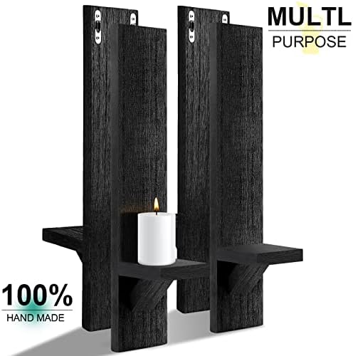 Potchen 4 Set Wall Candle Sconces Wooden Decorative Shelf Mount, Black - Image 3
