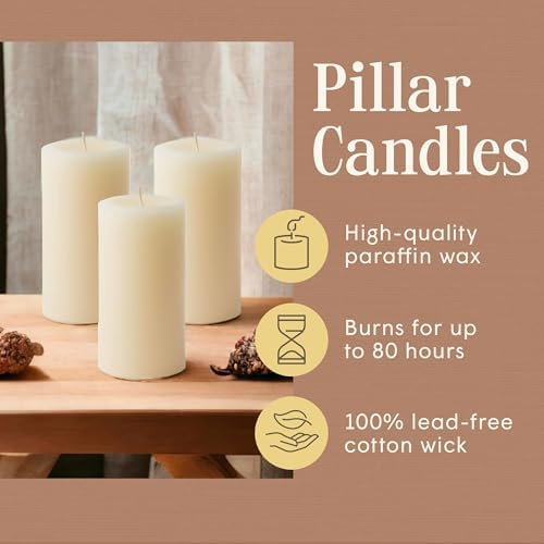 Mister Candle Dripless Unscented Pillar Candles, Set of 3 Hand Poured Ivory Pillar Candles, Solid Color Non-Scented Candles for Home Decor, Premium Wax, 80 Hr Burn Time, 3x6 Inch - Image 3