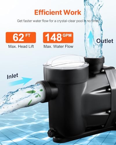 VEVOR Above Ground Pool Pump, 2.5 HP, 148 GPM Max Flow Single Speed Swimming Pool Pump, 220V 3450 RPM 62 ft Max Head Lift with PP Shell Strainer Basket, 122°F Max Water Temperature, for Hot Tubs Spas