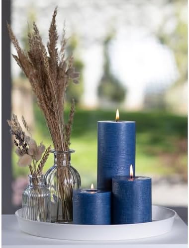 CANDWAX Assorted Pillar Candles Set of 3 – Sizes 3", 4", 8" Unscented Dripless Large Candles, Rustic Style Long Burning for Weddings, Decor – Dark Blue - Image 3