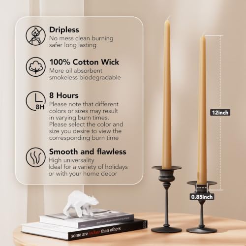 New Burning Formula Unscented Dripless 12-Inch Taper Candles Set of 12 - Beige, for Wedding, Dinner - Smokeless, Long Burning - Hand Poured, Colored Tall Candlesticks - Beige - Image 2
