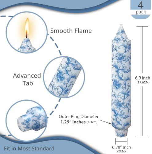 NJAO HOO Floral Taper Candles 7 Inch Short Candlesticks Hand Printed Blue and White Floral Candlesticks Unscented Tapered Candle Set for Spring Home Garden Decor, 4Pcs - Image 2