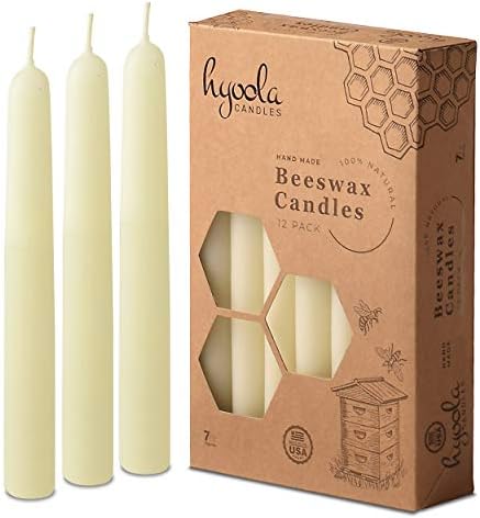 Hyoola 7" Beeswax Taper Candles 12 Pack - Handmade, All Natural, 100% Pure Unscented Bee Wax Candle - Tall, Decorative, White 7 Hour Burn Time by Hyoola