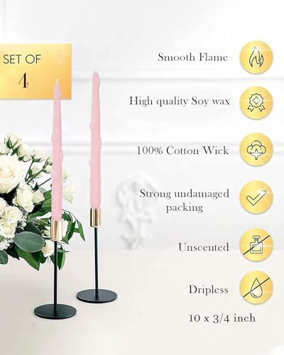 Pink Candlestick Taper Candles Flower Soy Candles Unscented Wedding Party Wax Unscented Dinner Candle Dripless,10 inch,Set of 4,J2 - Image 2