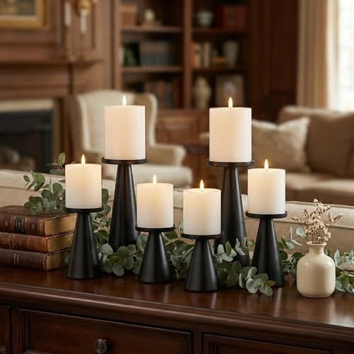 Set of 3 Black Iron Pillar Candle Holders 4 & 4.7 & 6.4 Inch Tall - Image 3