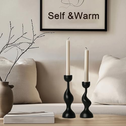 Smtyle Modern Sculptural Black Candle Stick Holders Cast-Aluminum Taper Set of 2 (7″ & 8″) Dual-Height Candlesticks for Dining Table Wedding or Home Decor - Image 6