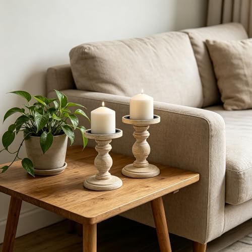 Hosley Antique White Wooden Pillar Candle Holder 7 Inch High - Rustic Country Farmhouse Decor, Wedding Centerpiece, Home Accent Gift - Image 6