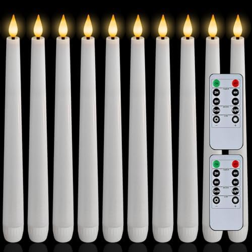 Homemory 12 Pcs Waxy Flameless Taper Candles with Remote, Led Flameless Candlesticks Classic Tall Candle, Flickering Battery Operated Taper Candles for Bedroom, Dining Room, White, 9.6 inches by Homemory