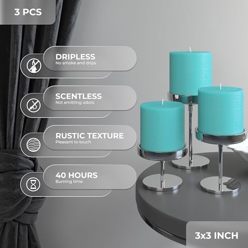 CANDWAX 3x3 Pillar Candles Set of 3 - Rustic Unscented No Drip Turquoise Candles for Home Decor, Weddings, Centerpieces - Image 3