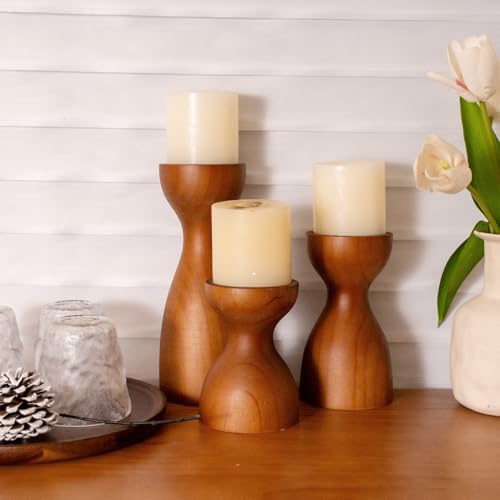 Set of 3 Farmhouse Wooden Candle Holders for Pillar Candles , Brown Rustic Wood Pillar Candle Stands Table Centerpiece Decor for Fireplace, Living, and Dining Room - Image 4