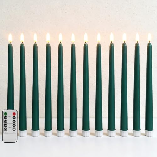Dark Green Flameless Taper Candles with Remote Timer Set of 12 by Ni-JASW