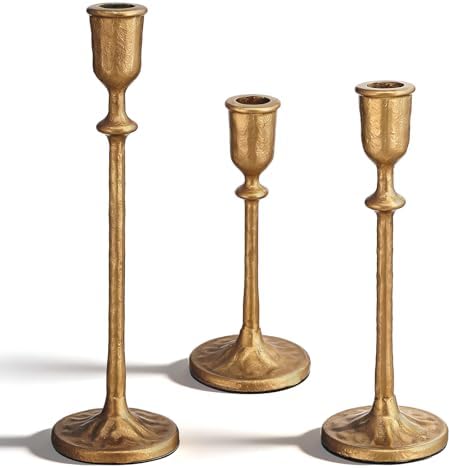 3Pcs Antique Brass Candlestick Holders, Iron Taper Candle Holder for Dining Table, Wedding, Fireplace Mantel Decor, Vintage Tall Candle Stands, Christmas & Home Decoration by Unknown