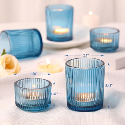 NITIME 10pcs Ribbed Blue Votive Candle Holders, Assorted Tea Light Candle Holder Glass, Blue Candle Holders for Table Centerpiece, Wedding Table Settings and Party Decorations - Image 2