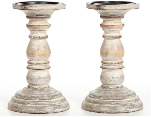 Hosley Set of 2 High Wood Candle Holder 8 Inch High for Pillar Wax Candles Flameless Candle. Distress Finish Candleholder. Ideal Gift for Wedding Party Home Spa Reiki Aromatherapy Candle Gardens O4 by HOSLEY