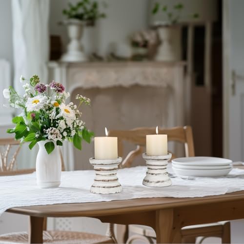 Candle Holder for Pillar Candle Set of 2, Farmhouse Wood Candle Holder, Rustic Wooden Candle Stand, Vintage Small Wooden Candlestick Holders for Living Room, Table Centerpiece, Rustic White - Image 6