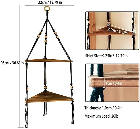 Artilady Corner Shelf Macrame Wall Hanging Balck, Boho Wood Storage Decor - Image 2