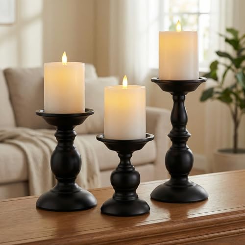 BANOMII Black Pillar Candle Holders Set of 3, Vintage Candle Holder for Table Centerpiece & Fireplace Decor, Decorative Antique Candle Stand for Dining & Living Room Decoration - Image 4