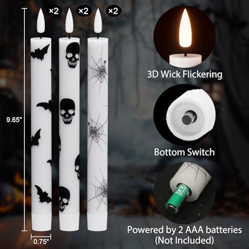 Wondise Halloween Flameless Taper Candles with Remote & Timer, Battery Operated with Spider Web, Bats, Skull, Real Wax 3D Wick LED Candles for Halloween Decorations - Image 2
