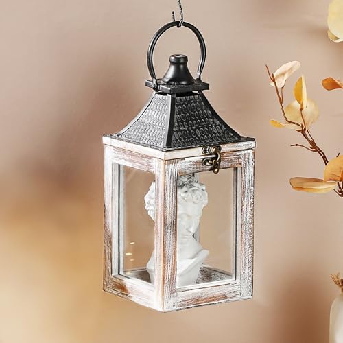 12" High Farmhouse Decorative Lantern, Glass and Metal, Distressed White Wood Finish, Vintage Black Metal Top, Indoor Outdoor Candle Holders (Rustic White, 5"x5") - Image 4