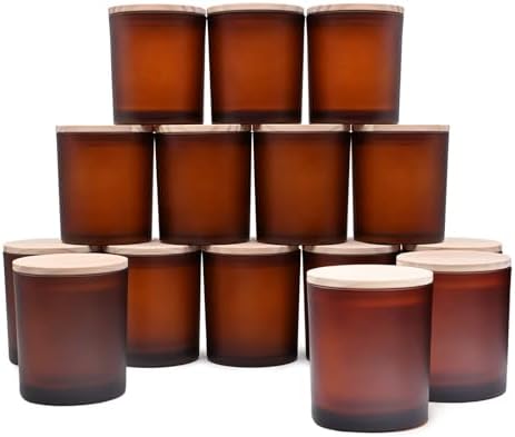 SHOWIN 10 OZ Thick Candle Jars for Making Candles 15 Pcs, Empty Jars with Wood Lids for Candle Making, Sample Container, Frosted Brown by Showin