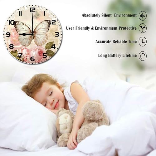 Butterfly Rose Flower Wooden Silent Non-Ticking 10 Inch Round Clocks Battery Operated Analog for Living Room Kitchen Bedroom Bathroom Office Home School Decor