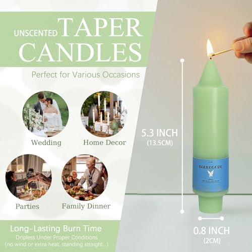 Smokeless Candlesticks Short Taper Candle,Unscented 5 Inches Light Green Candle Sticks Dripless Tapered Candles for Home Décor Weddings Seasons Gifts(4pcs-Light Green) - Image 4