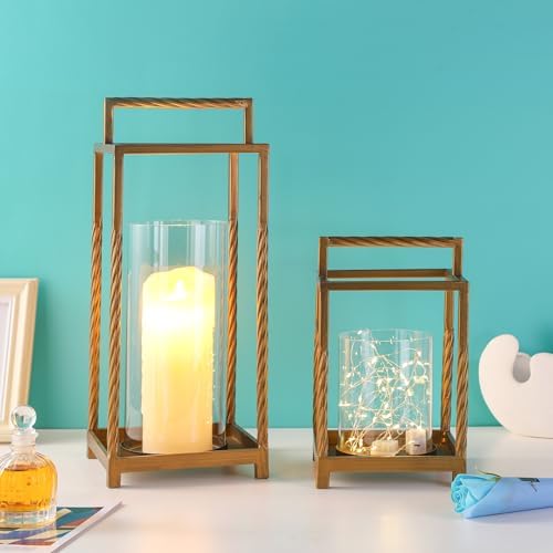 16" Modern Metal Lantern with Twisted Rope-Style Frame in Antique Brass with Glass Hurricane for Pillars, String Light. Centerpiece, Mantel, Ambient Lighting, Farmhouse, Transitional, Patio, Entryway - Image 5