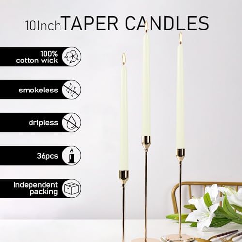 36 Pack Ivory Taper Candles 10 inch(H) Dripless, Smokeless & Unscented - Long Burning Time - Hand Poured Tall Candlesticks - Ideal for Restaurant,Weddings, Dinner Parties, and Home Decor - Image 5
