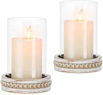 Glasseam Hurricane Glass Candle Holders, Rustic Pillar Candle Holder Set of 2, Farmhouse Candle Holders for Table, Cylinder Candle Holder with Beaded Candle Plates for Dining Living Room Decorations by Glasseam