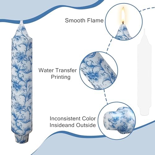 7 Inch Blue and White Taper Candles Short Chunky Candle Sticks Handmade Unscented Smokeless Chinoiserie Floral Thick Candles for Nautical Ceremony Dining Table Everyday Meals Family Dinner Elegance - Image 3
