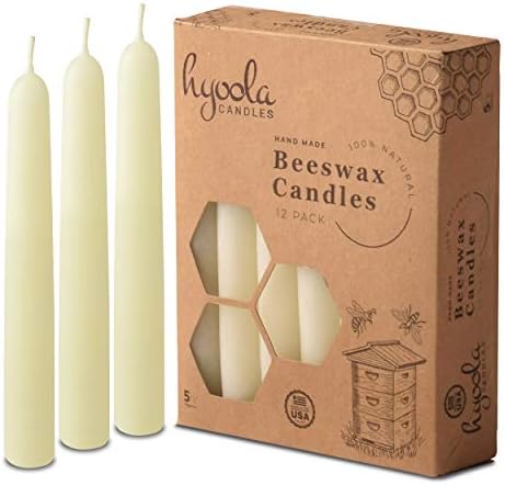 Hyoola 5" Beeswax Taper Candles 12 Pack - Handmade, All Natural, 100% Pure Unscented Bee Wax Candle - Tall, Decorative, White 5 Hour Burn Time by Hyoola