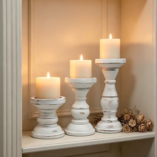Wood Candle Holder for Pillar Candle Set of 3, Farmhouse Candle Holder Decor, Rustic Wooden Candle Stand, Vintage Tall Candle Stand Decorative for Living Room, Table Centerpiece,Rustic White - Image 7