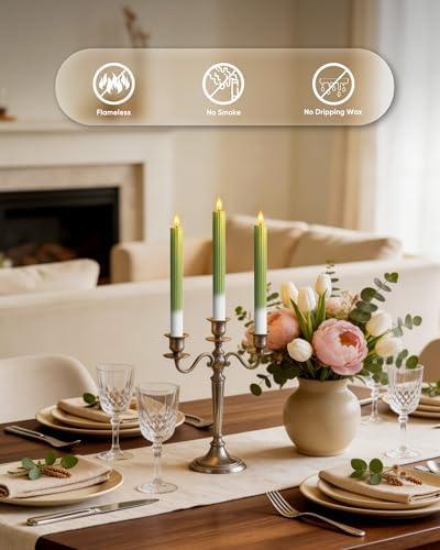 Real Wax Flameless Taper Candles Battery Operated, LED Candlesticks with Remote for Flickering and Timer, Green Striped Decorative Candles for Christmas, Home,and Relaxing Spaces - Image 5