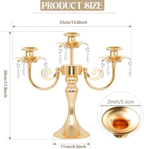 Metal 3 Arm Gold Candelabra with Crystal Pendants - 11.8 Inch Tall Candle Holders, Set of 6 - Elegant Taper Candlestick Stand for Wedding, Dining Table, Party Home Decoration - Image 2