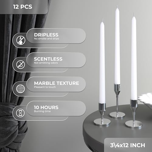 CANDWAX 12 inch White Taper Candles - Set of 12 Candle Sticks Ideal for Christmas Decorations - Dripless Smokeless Long Burning Unscented White Candlesticks - Tapered Christmas Candles for Home Decor - Image 2