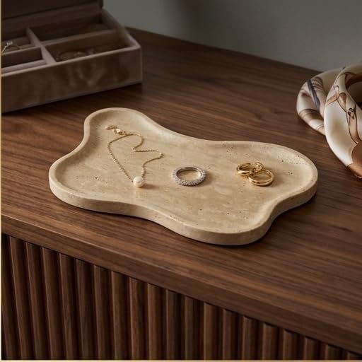 Cloud Shape 100% Natural Travertine Tray Luxury Travertine Vanity Organizer for Bathroom Kitchen Counter, Decorative Tray for Dresser Home Décor, 13.3x8.3x0.7 inches