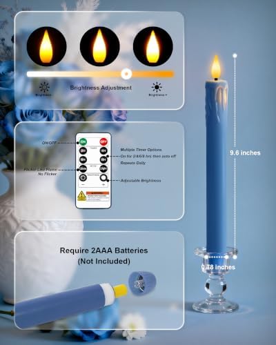 Homemory 9.6 Inches Real Wax Blue Flameless Taper Candles with Remote Timer, 2 Pcs LED Fake Candlesticks, Battery Candle with 3D Flickering Flame for Wedding, Dinner, Xmas Anniversary Decor - Image 4