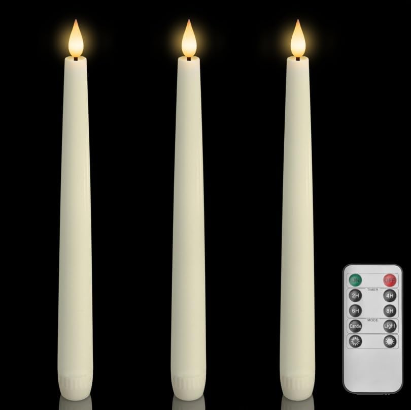 Homemory 3 Pcs Waxy Flameless Taper Candles with Remote, Flickering Battery Operated Classic Tall Candles for Home, Wedding, Party, Ivory, 9.6 inches by Homemory