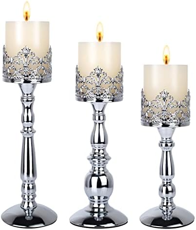 Candle Holders for Pillar Candles Set of 3 Silver Vintage Tall Candle Holders Decorative Large Table Centerpieces Candle Stand Decor by DRELIFAM