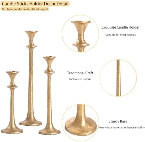 Gold Taper Candle Holders Set of 3, Heavy Candlestick Holders Decorative Candle Stand for Table Centerpiece, Cast Iron Candle Stick Holder Decor - Image 2