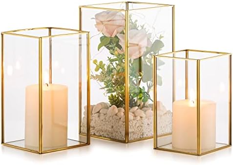 Nuptio Glass Hurricane Candle Holder Set of 3 Gold Pillar Candle Holders Large Rectangular Candleholder Table Centerpieces Decoration for Wedding Christmas Holiday Home Ornaments 9.5 & 8.1 & 6.5 inch by Nuptio