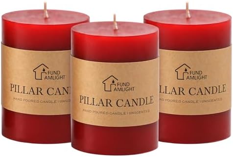 3x4 Inch Red Pillar Candles Set of 3 - Decorative Unscented Pillar Candle by FUNDAMLIGHT