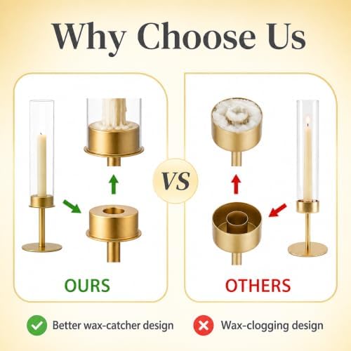 Hewory Gold Candlestick Holders: 3PCS Glass Hurricane with Brass Base - Image 5