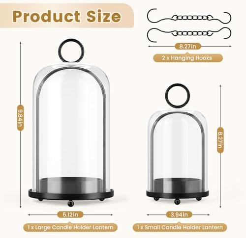 Metal Candle Holder, 5"&4" Wide Hurricane Glass Candle Holders with Handmade Glass Dome, Hanging Candle Lantern for Pillar Candles, Table Coffee Decor, Interior Decoration (Not Included Candles) - Image 4