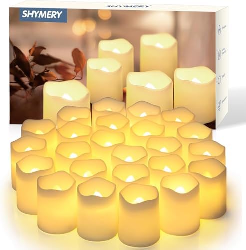 SHYMERY Flameless Votive Candles,Flameless Flickering Electric Fake Candle,24 Pack 200+Hour Battery Operated LED Tea Lights in Warm White for Wedding, Table, Halloween,Christmas Decorations 1.5"X1.7" by SHYMERY