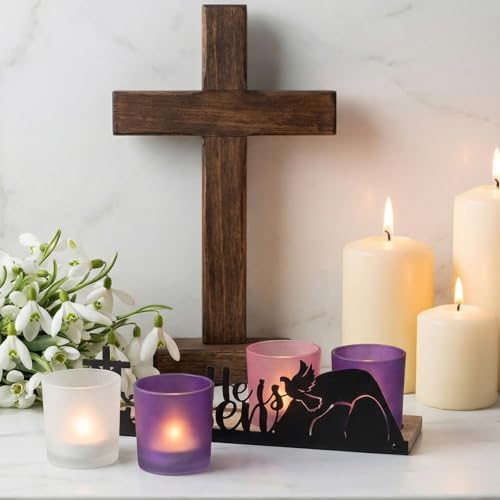 He is Risen Easter Decor, 4 Glass Votive Tealight Candle Holders & 1 Wooden Tray, Easter Religious Decor for Church Event Pray Table Centerpiece, Christian Gift - Image 6