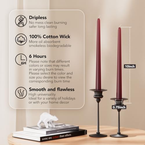 New Burning Formula Unscented Dripless 10-Inch Taper Candles Set of 12 - Burgundy, for Wedding, Dinner - Smokeless, Long Burning - Hand Poured, Colored Tall Candlesticks - Burdeos - Image 2